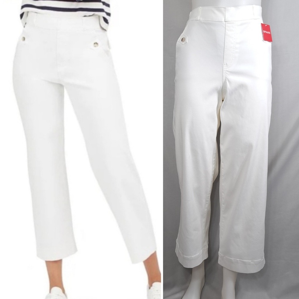 Spanx Women's Pants Size Medium Bright White Stretch Twill Cropped Wide Leg